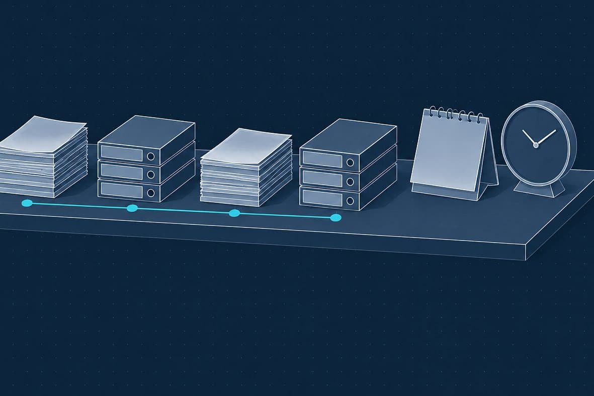 Illustration of document stacks, files, a calendar and a clock along a timeline, drawn in navy linework